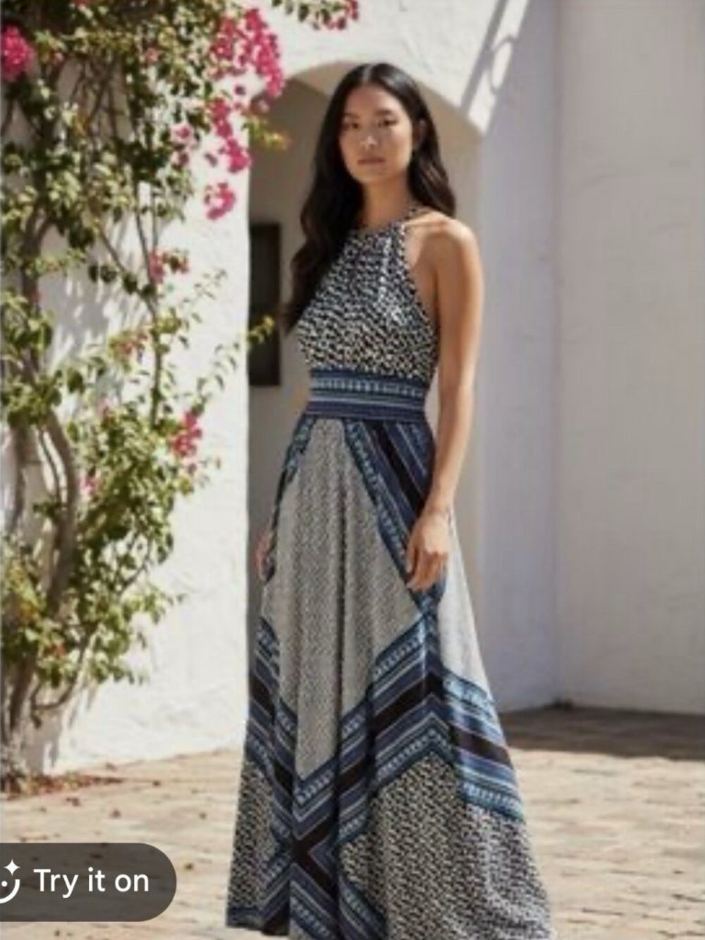 London Style Blue and White Halter Maxi Dress